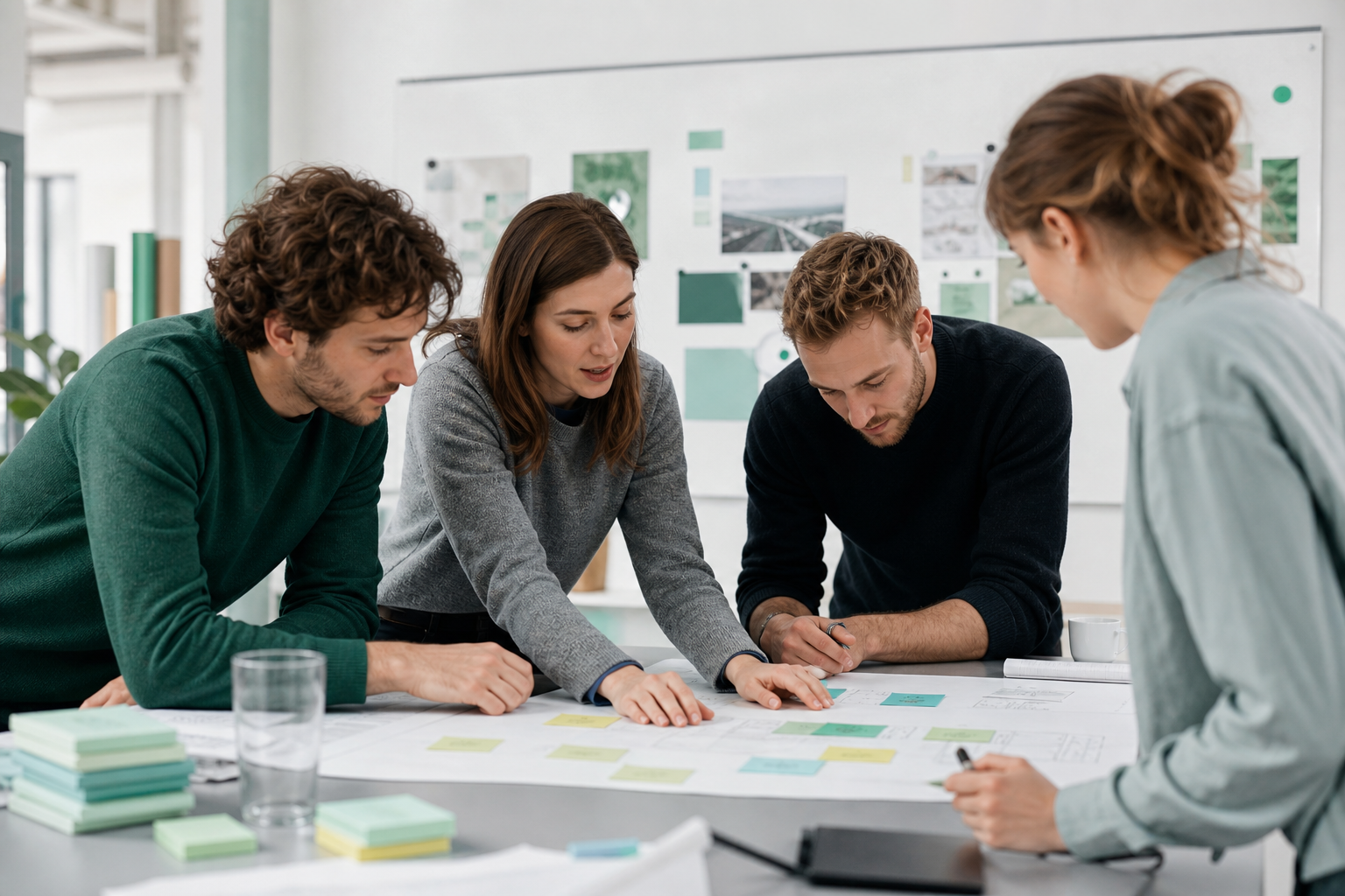 Teamworkshop mit Projektmaterialien und gemeinsamen Notizen